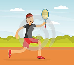 Young Woman Character Playing Tennis with Ball and Racket Doing Sport and Physical Exercise Vector Illustration