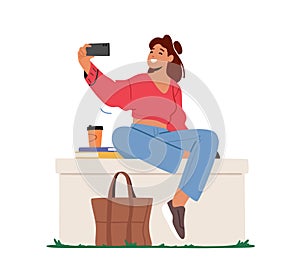 Young Woman Character Posing and Photographing on Mobile Phone Camera for Posting Pictures in Internet, Student Selfie