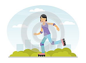 Young Woman Character Roller Skating Doing Sport and Physical Exercise Vector Illustration