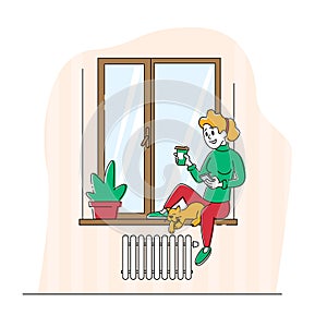 Young Woman Character Sitting on Windowsill with Cat Holding Cup and Drinking Coffee Looking through Window