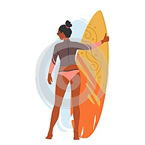 Young Woman Character In Swimsuit With Surfboard In Hands Standing On Beach, Rear View, Cartoon Vector Illustration