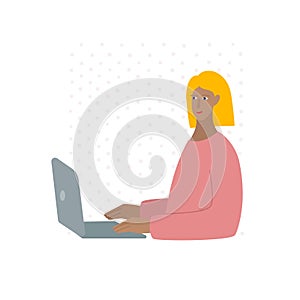Young woman character working laptop illustration