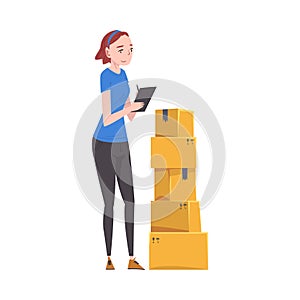 Young Woman Checking Cardboard Boxes Preparing Goods For Dispatch, Girl Working with Parcels in Warehouse Cartoon Vector