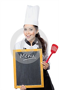 Young woman Chef with blackboard menu