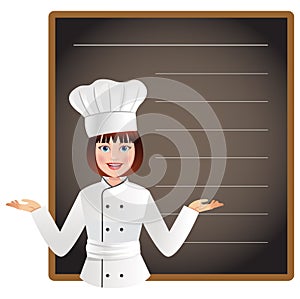 Young woman chef with a blank blackboard to list today's menu