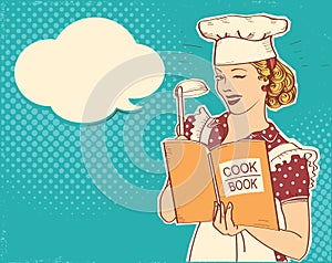 Young woman chef holding cook book in her hand on kitchen room.Reto color style illustration