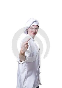 Young woman chef making horn gesture.