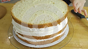 Young woman chef making sweet cake with white cream and biscuit.