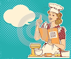 Young woman chef in retro style clothes cooking and holding cook book in the kitchen room. Vector vintage background photo