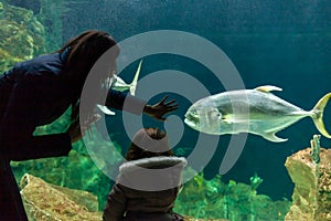 Young woman with child watch a fish in aquarium