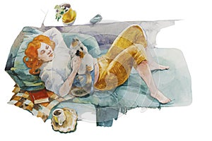 Young woman chilling on a sofa with a cat, sitting on her belly, book and coffee cup. Original watercolor illustration of stay at