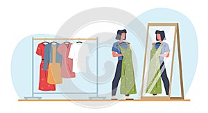 Young woman chooses beautiful dress from her closet. Pretty young woman character at fitting room. Cloth changing