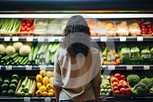A young woman chooses fresh fruits or vegetables in a supermarket