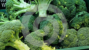 Young woman chooses organic broccoli in the supermarket. Close-up of a young woman's hand in a protective glove, she