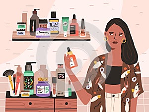 Young woman choosing and taking skincare beauty cosmetic product. Shelves with bottles and packagings of cosmetics and