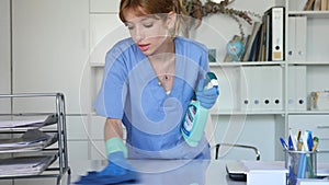 Young woman cleaner in overall polishing table in office with rag and detergent.
