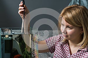 Young woman cleaning aquarium with beta fish at home.