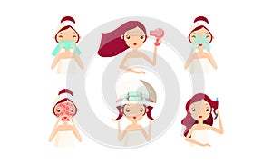 Young woman cleaning and caring her face and hair set, treatment, hygiene, beauty vector Illustration