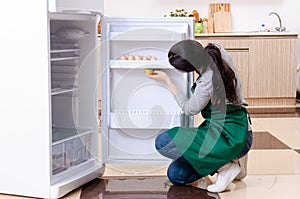 The young woman cleaning fridge in hygiene concept