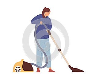 Young woman cleaning home with manual vacuum cleaner. Smiling homemaker running vac during cleanup. Colored flat vector
