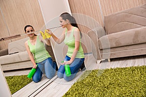 The young woman cleaning mirror at home