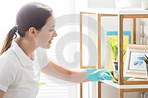 Young Woman Cleaning The Shelf In House