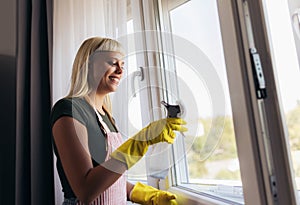 Young woman cleaning windows