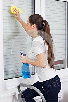 Young Woman Cleaning Windows Glass