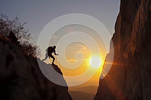 young woman climbing on a cliff at sunrise in the mountains, silhouette. Generative AI