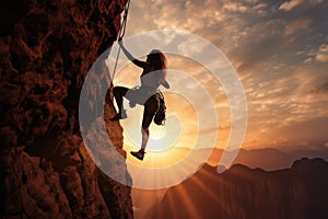 Young woman climbing on a rock wall at sunset. 3d rendering, Athletic Woman climbing on overhanging cliff rock with sunset sky