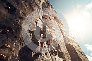 Young woman climbing up on a rock wall and looking at the sun