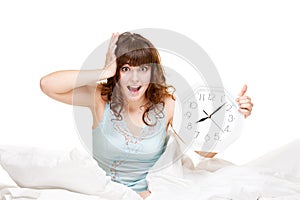 Young woman with clock in panic