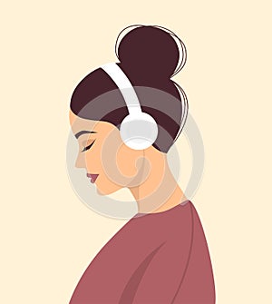 Young woman with closed eyes in headphones listening to music. Side view portrait. Vector illustration in flat style