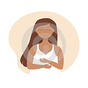 Young woman with closed eyes hugs herself. Mental health, zen, harmony concepts. Body positive, self care, love yourself