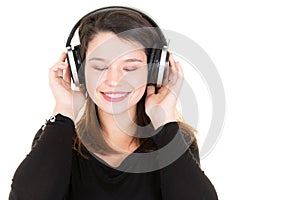 Young woman closed eyes listening to music