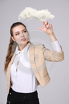 Young woman and cloud, cloud computing concept