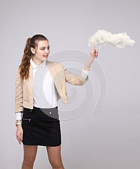 Young woman and cloud, cloud computing concept