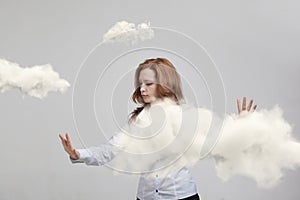 Young woman and cloud, weather forecast concept.