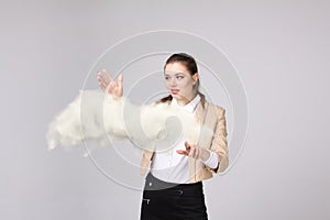 Young woman and cloud, weather forecast concept.