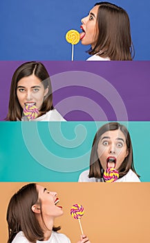 Young woman with the colorful lollipop at studio