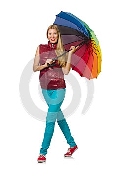 Young woman with colourful umbrella isolated