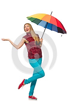 Young woman with colourful umbrella isolated