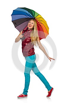 Young woman with colourful umbrella isolated