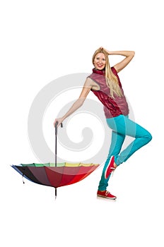 Young woman with colourful umbrella isolated