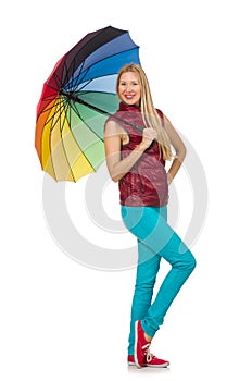 Young woman with colourful umbrella isolated