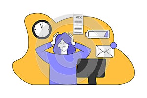 Young Woman at Computer Multitasking Accomplishing Task Having Deadline Vector Illustration