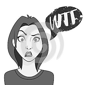 Young woman with confused face expression and  wtf speech bubble