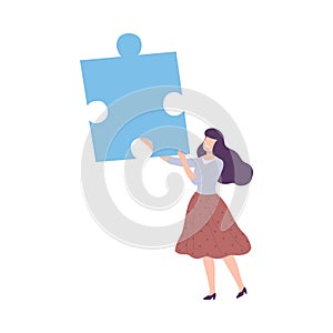 Young Woman Connecting Puzzle Elements, Girl Holding Big Blue Jigsaw Piece Assembling Abstract Puzzle Cartoon Style