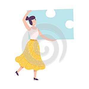 Young Woman Connecting Puzzle Elements, Girl Holding Big Jigsaw Piece Assembling Abstract Puzzle Cartoon Style Vector