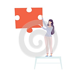 Young Woman Connecting Puzzle Elements, Girl Holding Big Red Jigsaw Piece Assembling Abstract Puzzle, Solving Difficult